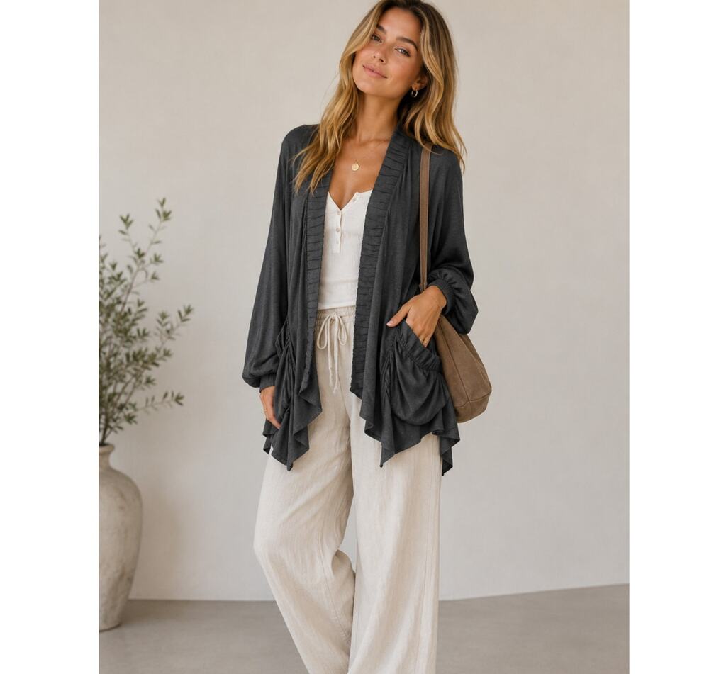 Nyah Grey Ruffed Open Front Cardigan Sweater Womens XL Lagenlook Artsy Whimsical
